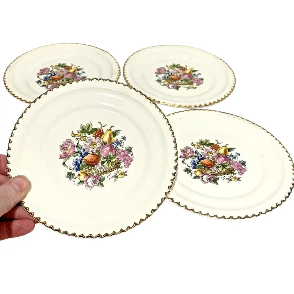 Vintage Mid Century Ambrosia China dessert plates 22kt gold trim floral set of 4